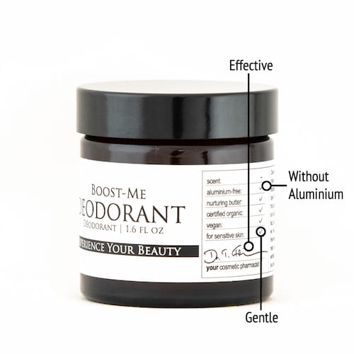 Derma ID Boost-Me deodorant helps you because it is without aluminum, gentle and above all effective
